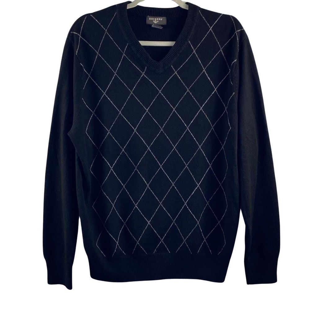 Vintage 90s Dockers Argyle V-Neck Sweater Classic Diamond Stitch Size L